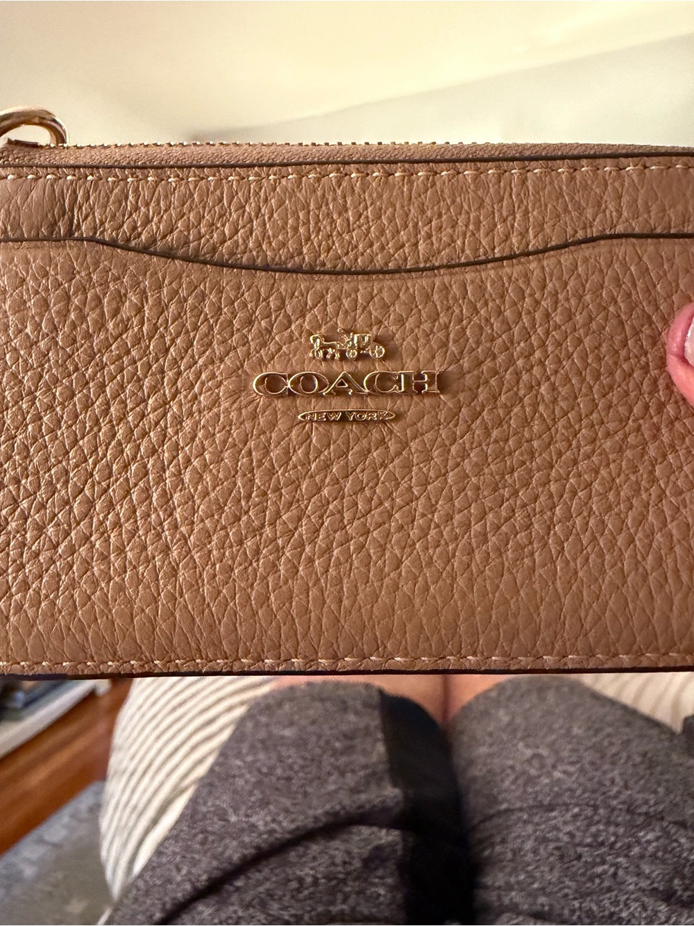 COACH Pebbled Leather Wristlet in Tan with Gold Logo